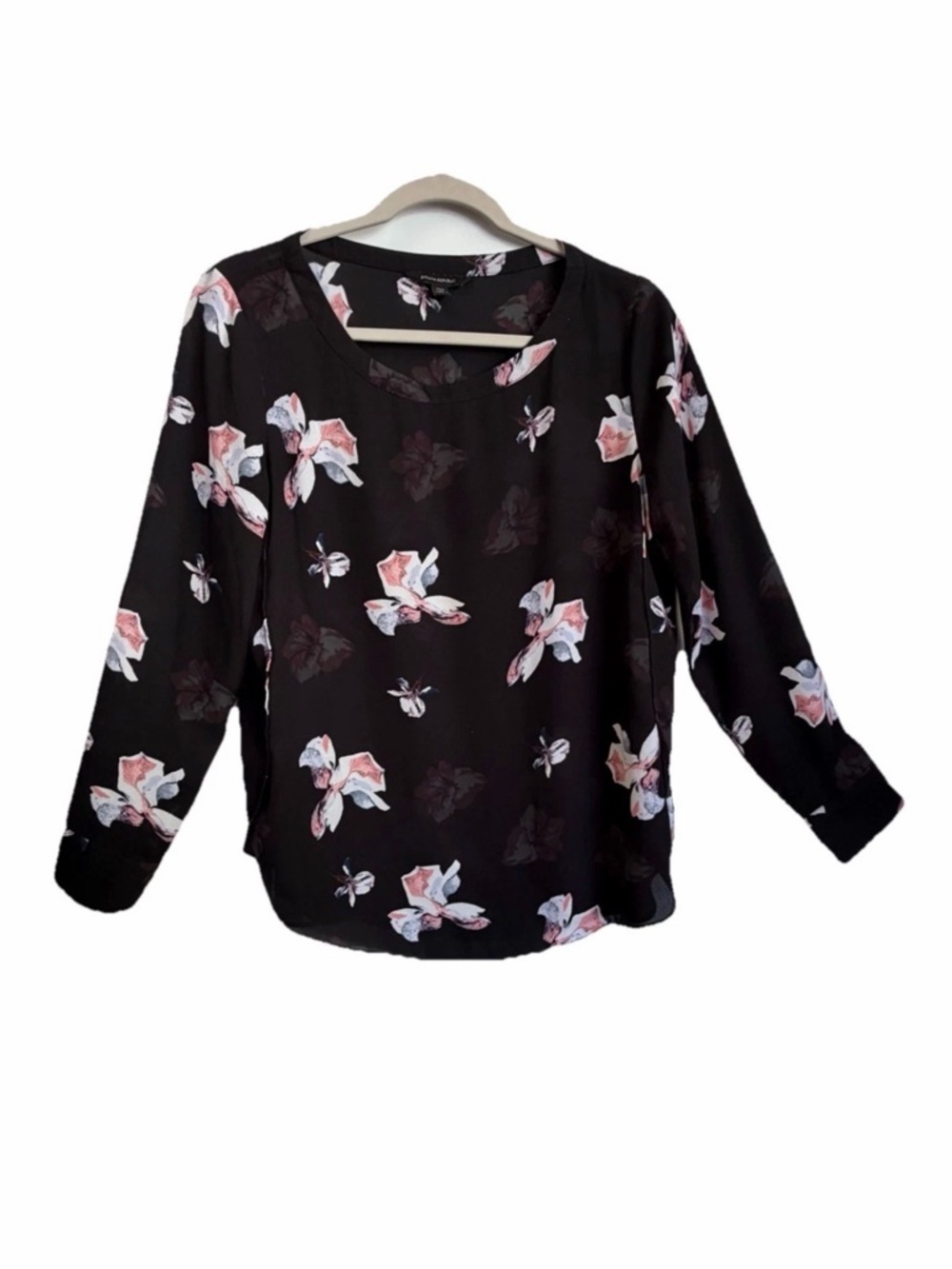 Banana Republic Black Floral Scoop-Neck Blouse with Pink Accents